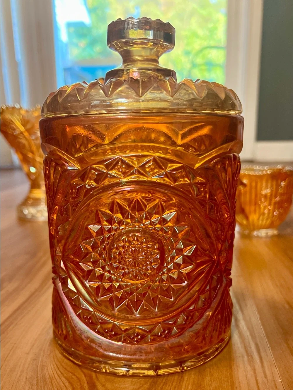 Imperial Glass Carnival Glass Lot of 5 8” Hobster Jar/ Devil Vase/ Pedestal Vase